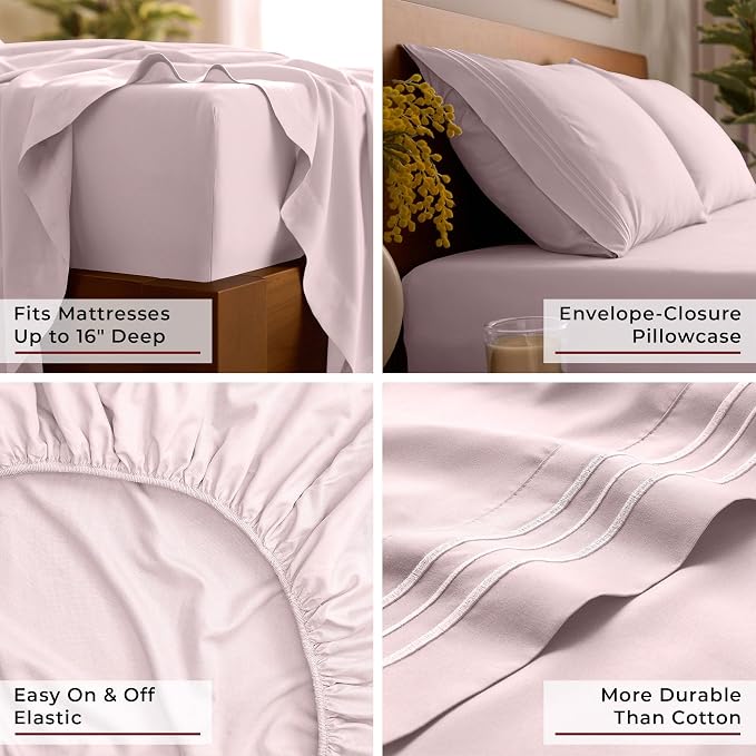 Mellanni Iconic 4-Piece, Ultra Soft Sheet Set (Queen, Blush Pink) | 10M+ Sleepers. Lab-tested: Sleeps Cool, Stays Bright, Strong, Smooth. Good Housekeeping Best Bedding, 7 yrs running.
