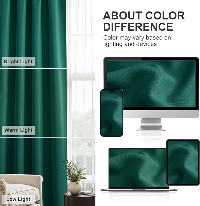 PONY DANCE Blackout Curtain Panels - Window Drapes Light Block Decorative Draperies Thermal Insulated Energy Saving for Home, 42 x 72 Inches, Hunter Green, 2 Pieces