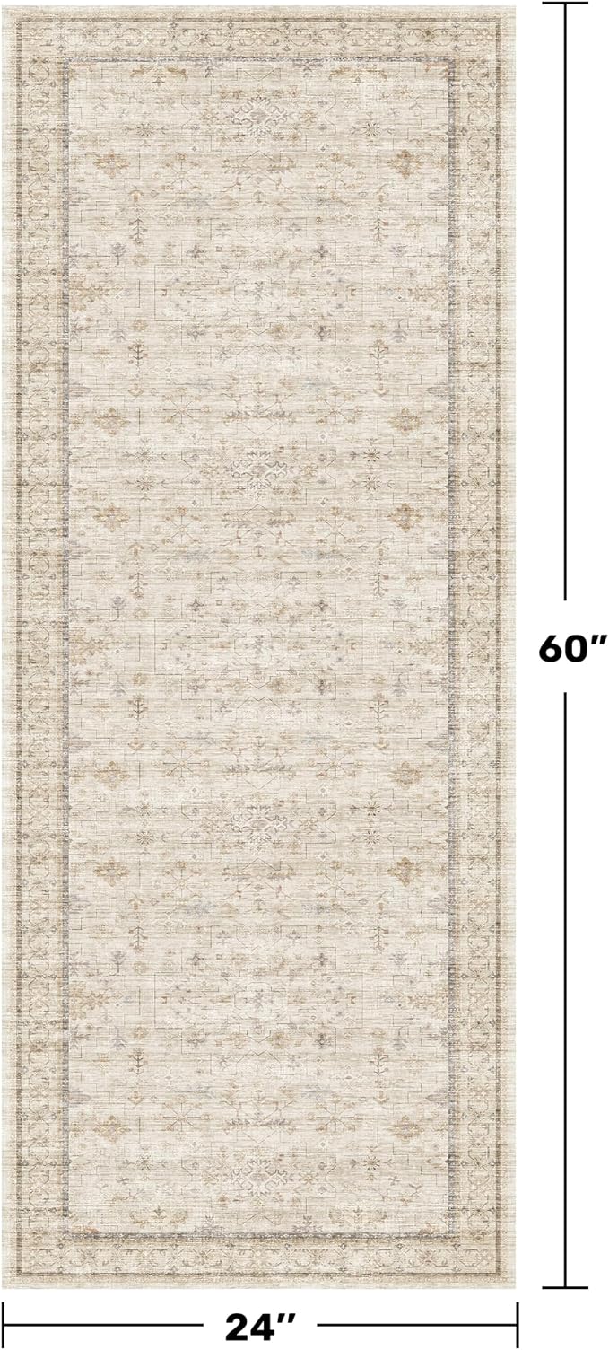 Cream 2x5 Runner Rugs for Bathroom Floor, Geometric Floral Throw Rugs Washable for Entryway, Kitchen, Bedroom, Laundry Room Beige Farmhouse Modern Neutral Home Décor, Low Pile Soft Non Slip Carpet