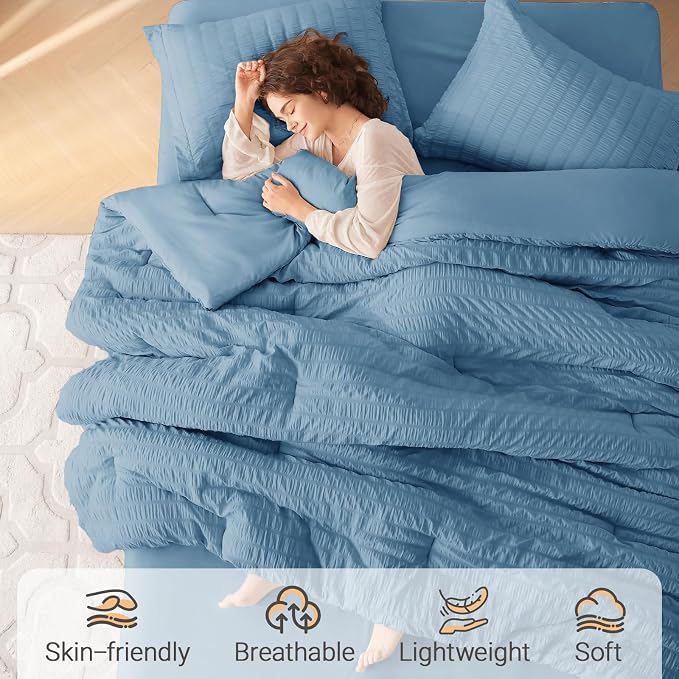 5 Pieces Twin Comforter Set, Seersucker Bed in a Bag Twin Size, All Season Luxury Bedding Set with Comforter, Flat Sheet, Fitted Sheet, Pillowcase & Sham, Mineral Blue