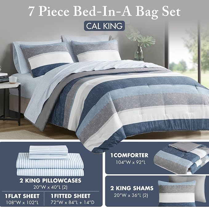 Madison Park Essentials Jaxon Bed in a Bag Comforter Set with Sheet, Printed Stripe Design, Modern All Season Bedding and Matching Sham, California King Blue/Grey 7 Piece
