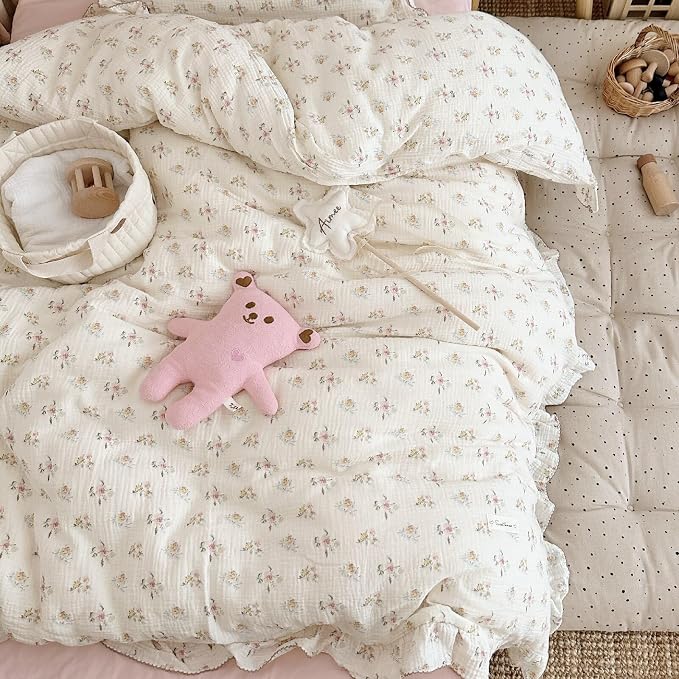 Muslin Cotton Toddler Duvet Cover Soft Double Layers Gauze Bedding Duvet Covers for Toddler Girls Kids Quilt Cover, 47"x59", Azalea Print (No Pillow Cases)