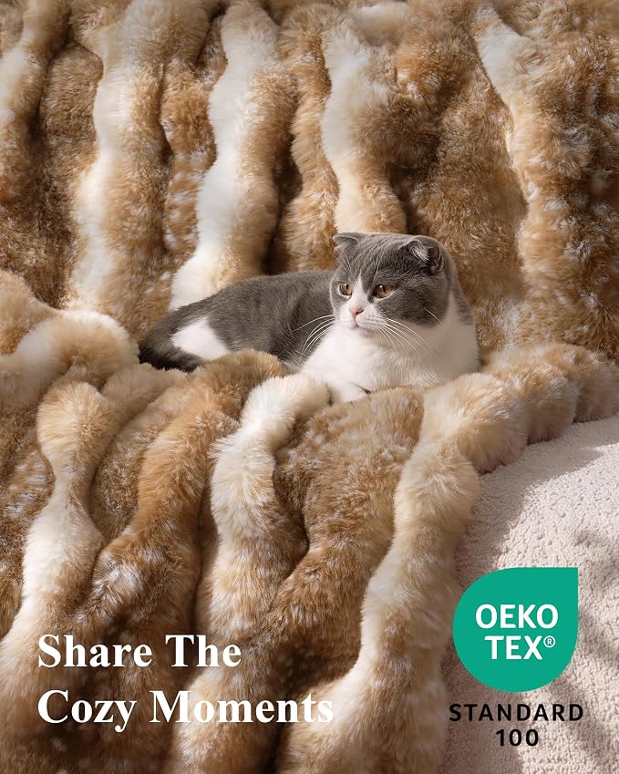 Ultra Soft Cozy Faux Fur Throw Blanket, Fuzzy Plush Thick Bubble Blanket, Oversize Luxury Fluffy Blanket for Couch, Sofa, Bedroom, and Living Room,50x60 Inches,Tie-Dye Camel
