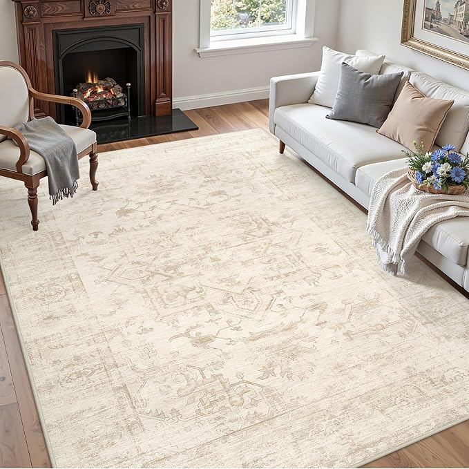 6x9 Area Rugs Living Room: Bedroom Washable Carpet Beige/Brown | Large Vintage Boho Indoor Decor Neutral Soft Nursery Farmhouse Dining Room Office Floor Non-Slip Low Pile Under Table Rug