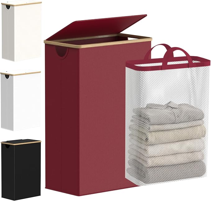 efluky Slim Laundry Basket with Lid, Narrow Laundry Hamper with Removable Bag, Skinny Dirty Clothes Basket with Bamboo Handles for Bathroom, Bedroom & Laundry Room (Burgundy, 75L)