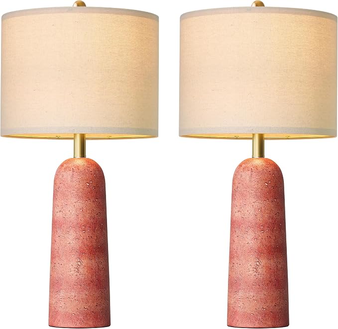 BOBOMOMO 27.25" Modern Table Lamp Set of 2, Red Resin Table Lamps with Stone Look, Lamps for Living Room with Linen Shades, Bedside Lamps for Bedroom Nightstand, Table Lamps for Living Room End Tables