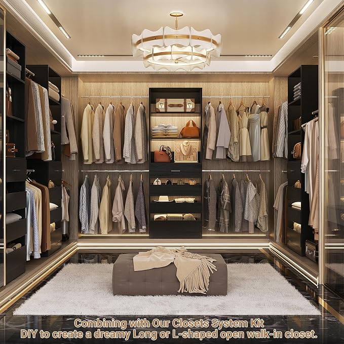 Aheaplus Closet System, 4-9Ft Closet Organizer with 4 Wooden Drawers, Black | Wood Closet Organizer System with Tower, Walk-in Closet Organizer Wardrobe Clothes Rack with 4 Hanging Rods, Garment Rack