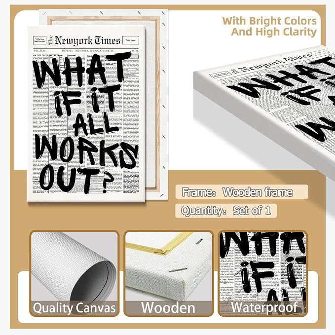 Drimiler Retro Black And White Newspaper Poster What If It All Works Out Canvas Wall Art Positive Affirming Quote Minimalist Prints Painting For Home Bedroom Dorm Wall Decor 12x18in Wframed