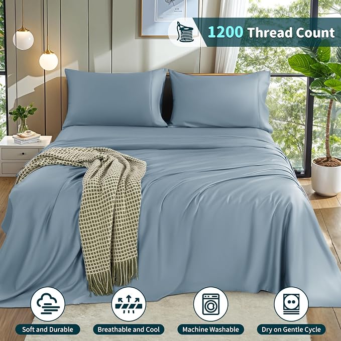 LBRO2M 100% Egyptian Cotton Sheets 1200 TC, Deep Pocket 16", 4Pcs, Queen | Long Staple Cotton Bed Sheets, Extra Soft and Breathable Sheets, Cozy for All Seasons, French Blue
