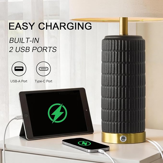 PoKat Ceramic Table Lamps Set of 2 for Living Room, 25'' Modern Touch Bedside Lamps for Bedroom with 2 USB Ports, Farmhouse Black Matte-Textured Nightstand Lamps Office Home Decor (Bulbs Included)