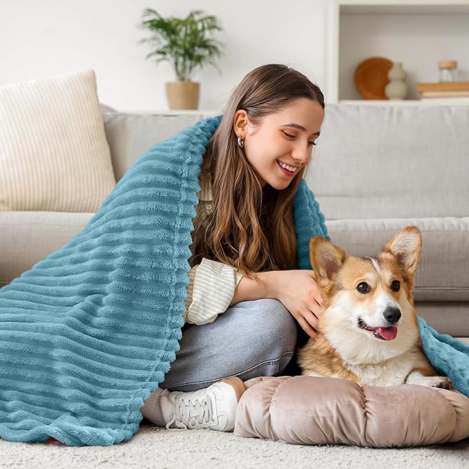 BEDELITE 3D Ribbed Washed Blue Fleece Throw Blanket for Couch, 50x60 Inch | Soft Warm Decorative Fluffy Blanket, Cozy Plush Lightweight Fuzzy Throw Blanket for Bed Sofa Home Room Decor, Gift for Women