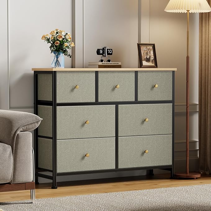 Sweetcrispy 7 Drawer Dresser for Bedroom Storage with Fabric Bin, Ink Green | Anti-Tip Closet Organizer, Wooden Top and Sturdy Steel Frame, Spacious Drawers for Clothes Storage, Hallway Entryway