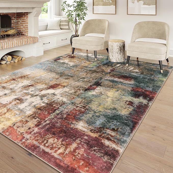 Lahome Modern Abstract Area Rug 6x9 Rugs for Living Room, Washable Bedroom Rug Aesthetic Low Pile Non Slip, Red Soft Indoor Contemporary Carpet for Dining Room Table Apartment