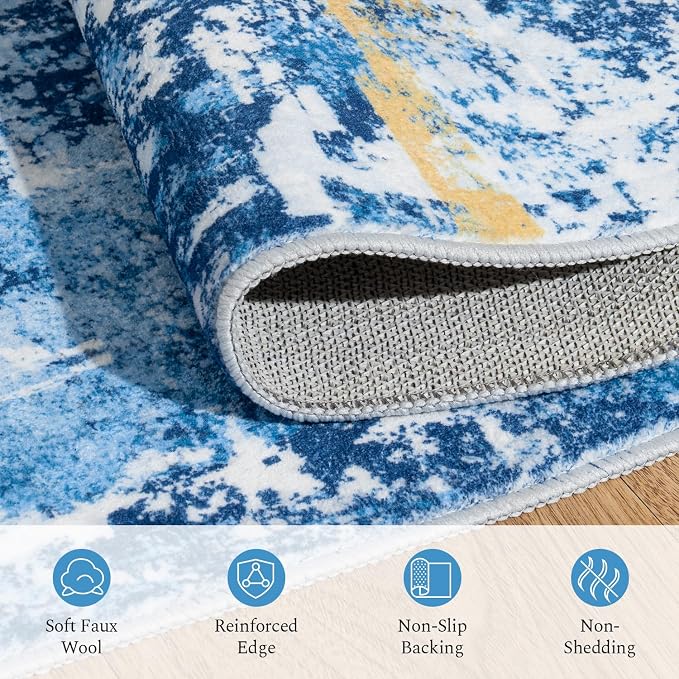 Rugflix 8x10 Area Rugs for Living Room, Washable Sky Blue Gold Large Rug | Machine Washable; Stain-Resistant; Low Pile; Non-Slip; Modern Abstract; Carpet for Bedroom Dining Office Nursery Home