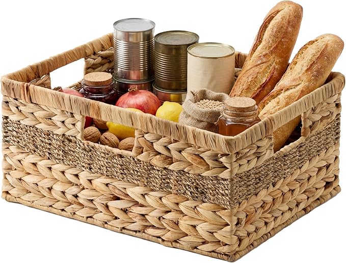 StorageWorks Jumbo Rectangular Wicker Basket, Water Hyacinth and Seagrass Storage Basket with Built-in Handles, 1 Pack | Woven Storage Baskets Water Hyacinth Seagrass, Large Seagrass Basket, Wicker Storage Baskets for Shelves, Woven Baskets