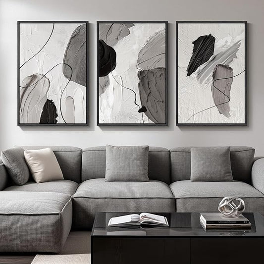 Large Framed Modern Abstract Wall Art for Living Room, 3 Piece 24x36 Inch | Black White Gray Canvas Prints, Modern Paintings, Minimalist Artwork, Abstract Pictures, Bedroom Hallway Office Wall Decor