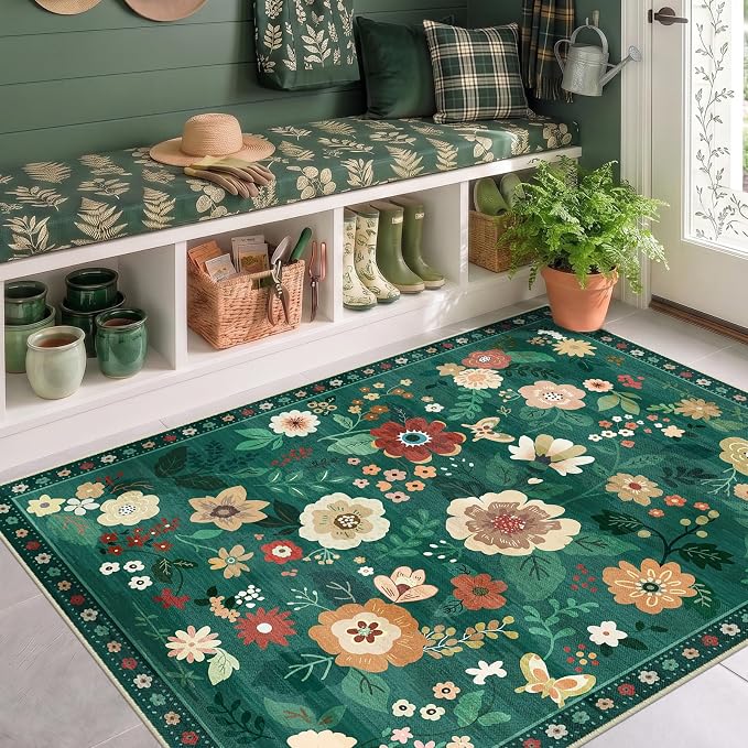 RELEANY Floral Washable 4x6 Area Rugs DarkGreen | Flower Carpet, Print, Boho, Non-Slip, Easy to Clean, Soft, Low Pile for Living Room Bedroom Kitchen Office Entryway Hallway