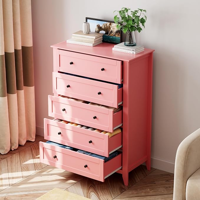 Garvee 5 Drawer Dresser for Bedroom, Modern Tall Chest of Drawers with Metal Knobs, Wooden Clothes Storage Organizer for Closet, Nursery, Living Room, Apartment, Pink | Lacquered Finish, Metal Knobs, Clothes Storage Organizer for Closet, Nursery, Livin...