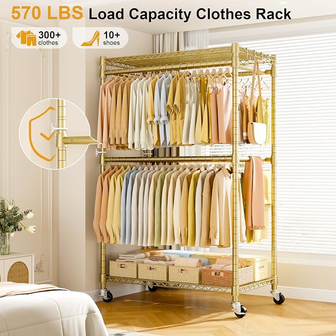 Rolling Clothes Rack, Clothing Racks for Hanging Clothes, Gold | P4 Plus Heavy Duty Garment Rack with Wheels, Free Standing Portable Closet Racks 45''W × 20.5''D × 80.5''H, Max Load 570 Lbs