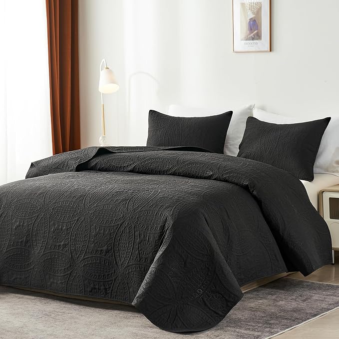 akkialla King Quilt Bedding Set,Black Ultrasonic King/Cal King Quilt Set,Lightweight Soft Bedspread Coverlet,Modern Style Coin Pattern Bed Cover for All Seasons,3 Piece(1 Quilt,2 Pillow Shams)