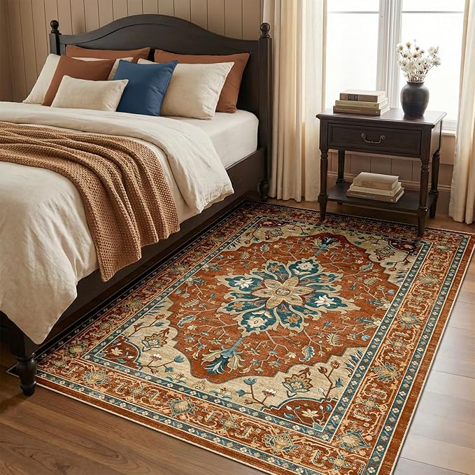 RELEANY Washable Area Rug, 4'x6', Red/Orange/Blue/Brown | Non-Slip, Water Repellent, Pet Friendly, Easy to Clean, Vintage Floral Boho Decor for Living Room Bedroom Kitchen Office
