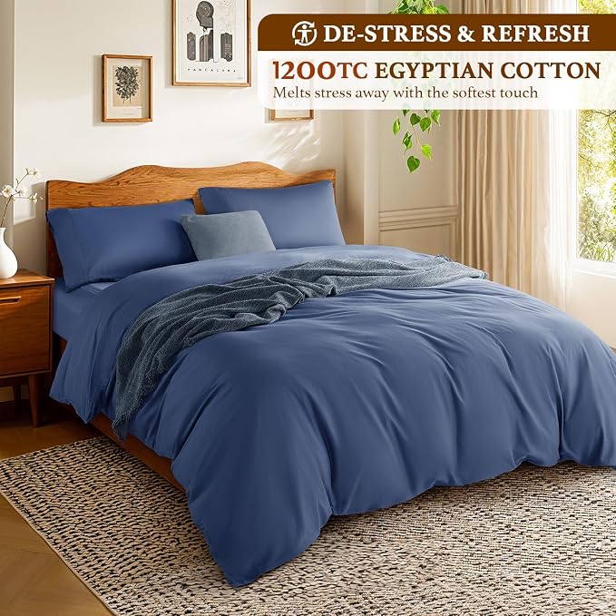 DEITAS 100% Cotton King Duvet Covers 3 Piece,1200 Thread Count，Navr Blue | Luxury Egyptian Cotton Comforter Cover With Zipper Closure, Ultra Cooling Breathable, Hotel Bedding Duvet Covers