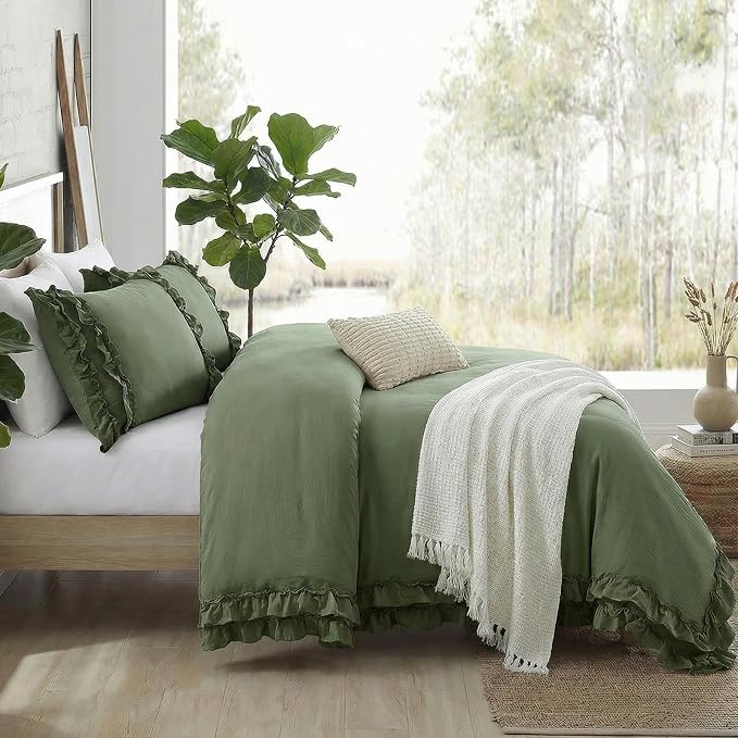 Avocado Green Duvet Cover King Ruffled Bedding Set Pleated Ruffle Fringe Shabby Chic Bedding Super Soft Cozy Boho Bedroom Bedding for All Season