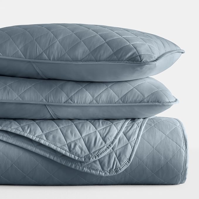 Merit Linens Modern Quilt Coverlet Soft Set in Diamond Stitching - King/Cal-King Dusk Blue