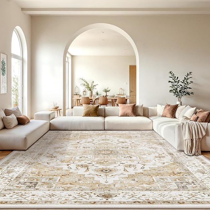 Amada Large 10x14 Washable Area Rug for Living Room, Beige, Boho Vintage | Machine Washable, Low-Profile Pile, Soft Texture, Stain-Resistant Surface, OEKO-TEX Certified, Non-Slip Backing, for Bedroom