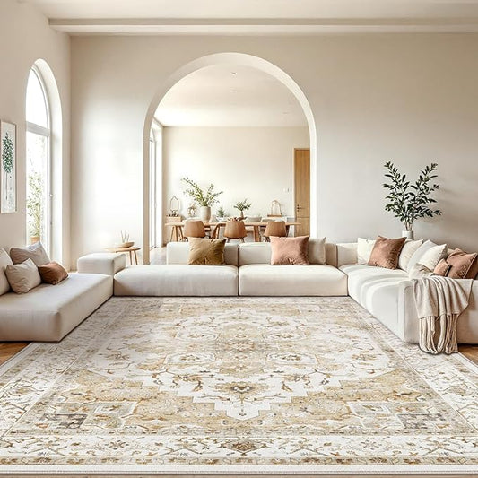 Amada Large 10x14 Washable Area Rug for Living Room, Beige, Boho Vintage | Machine Washable, Low-Profile Pile, Soft Texture, Stain-Resistant Surface, OEKO-TEX Certified, Non-Slip Backing, for Bedroom