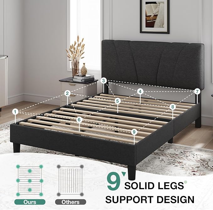 Novilla Queen Bed Frame with Headboard, Bed Frame Queen Size with Wood Slats Support,Linen Upholstered Adjustable Headboard, No Box Spring Needed, Heavy Duty Feet, Easy Assembly, Dark Grey
