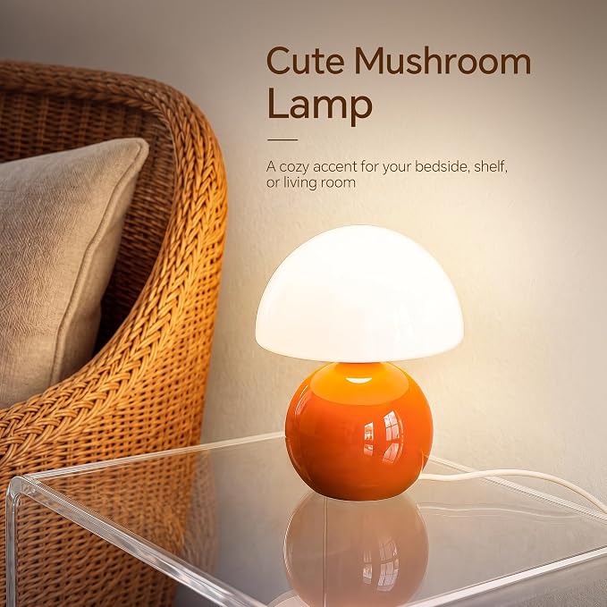 Mushroom Lamp Table Lamp for Bedroom-Small Desk Table Lamps,Orange | 8.7" Mid Century Modern Table Lamps for Living Room Bedroom Decor,Cute Ceramic Lamps for Mushroom Home Room Decor,Glass Shade