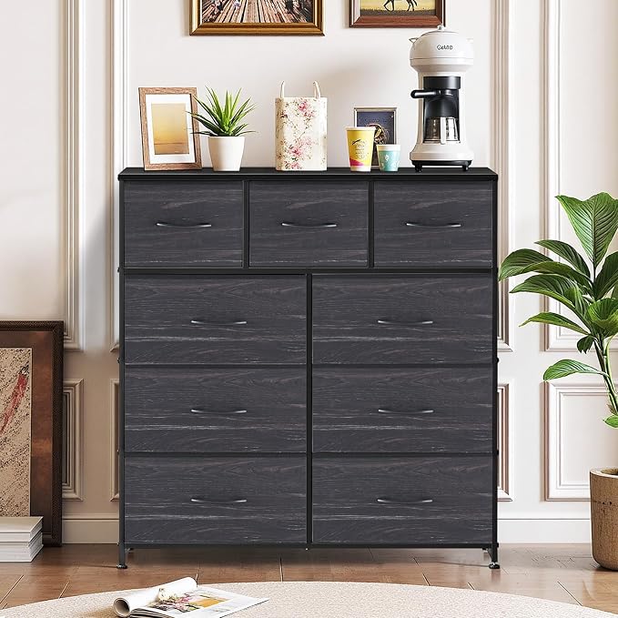 9-Drawer Dresser for Bedroom, Anti-Tip Tall Storage Organizer | Chest of Drawers with Wooden Top and Metal Frame Fabric Bins for Closet, Living Room, Hallway, Entryway, Charcoal Black