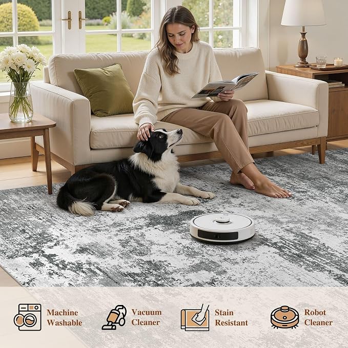 UERMEI 9x12 Area Rug for Living Room - Washable Neutral Modern Abstract Carpet, Non-Slip Soft Large Indoor Floor Rugs for Bedroom Home Office & Under Dining Table Decor, Grey Black
