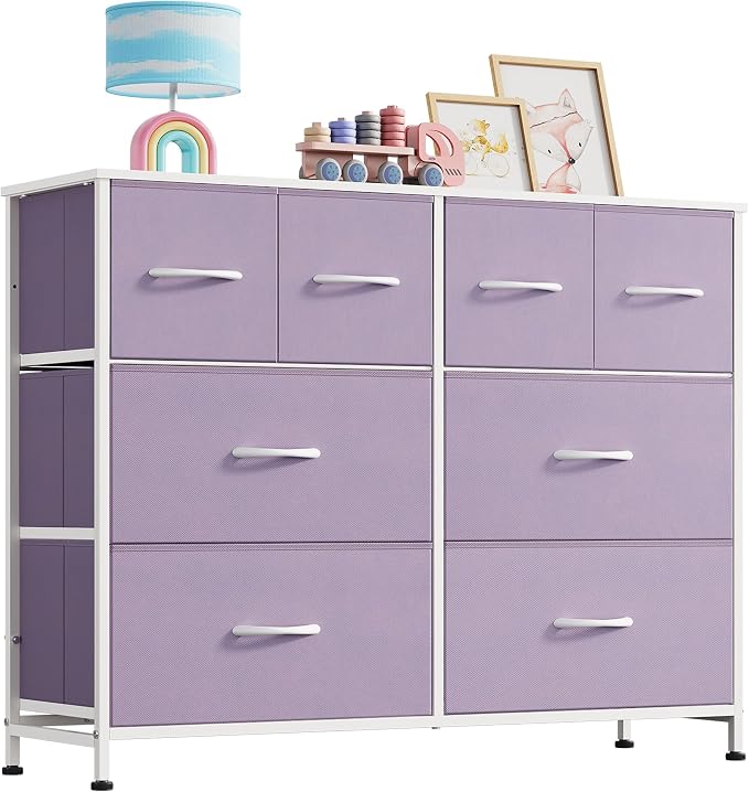 WLIVE Wide Dresser for Bedroom, 8 Drawer Chest of Drawers, Purple | 8 roomy fabric drawers, Wide storage design, Bedroom or closet use, Sturdy steel frame, Smooth wood tabletop
