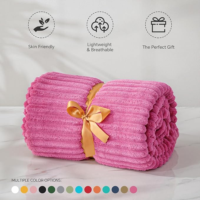 BEDELITE Ribbed Jacquard Hot Pink Fleece Twin Blanket for Couch, 60x80 Inch | Soft Warm Fluffy Blanket for Bed Sofa College Dorm Room Decor, Luxury Cozy Plush Birthday Gifts for Women Girls, Lightweight