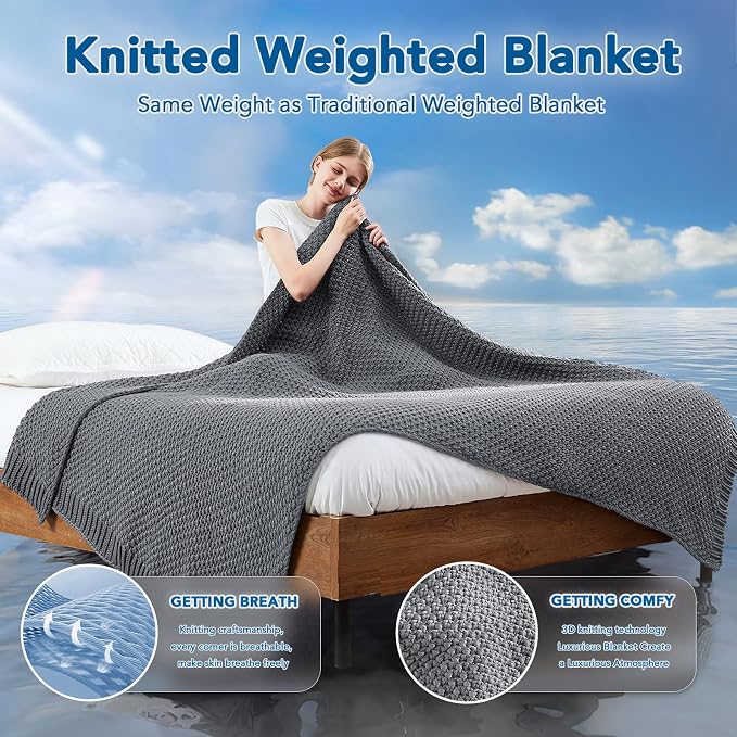 Knitted Weighted Blanket - 50"x60" 7lbs Cooling Chunky Knit Heavy Blanket for Adults Cable Yarn Knit Decorative No Beads Soft, Cozy and Cooling Weighted Throw Blankets Machine Washable