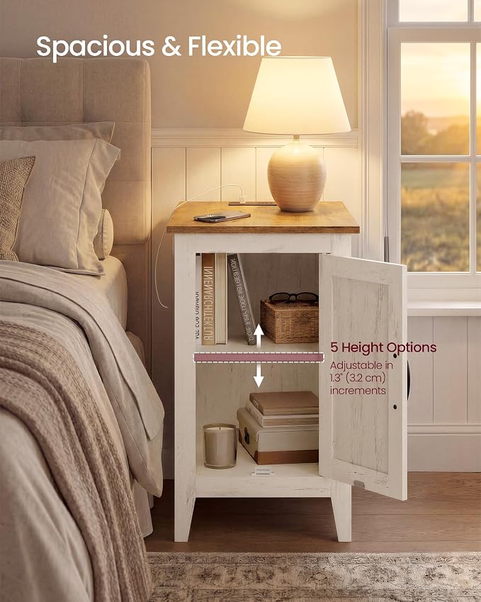 VASAGLE LIRY Collection - End Table with Charging Station, Narrow Side Table with Storage Cabinet, Nightstand for Bedroom, Home Office, Rustic White and Honey Brown ULET131W101S