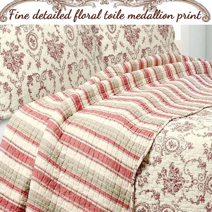 Cozy Line Home Fashions French Medallion Beige Burgundy Red Rose Flower Pattern Printed 100% Cotton Bedding Quilt Set Reversible Coverlet Bedspread (Burgundy Red, King - 3 piece)