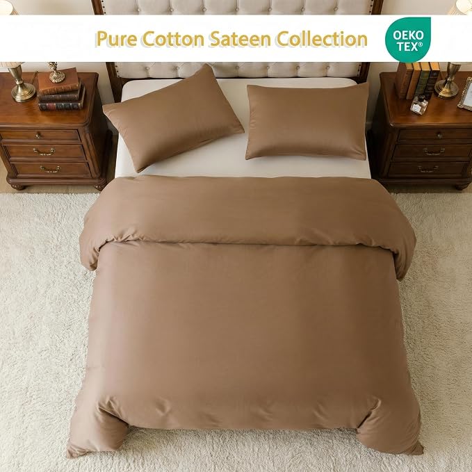 HeimenAogo Egyptian Cotton Duvet Cover King Size Sateen Weave, Silky Soft and Breathable Bedding Set with Zipper Closure, Long Staple Cotton Bed Linen Brown 3Pcs (104"×90")