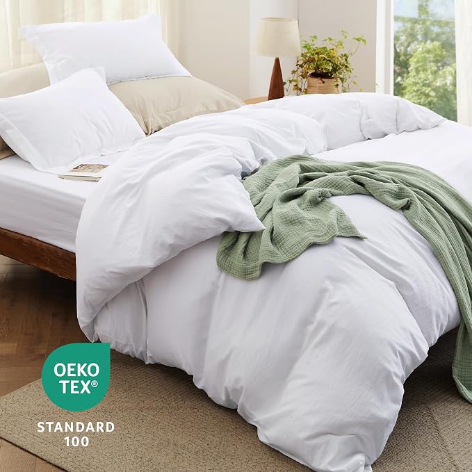 Bedsure Prewashed Duvet Cover King with Fitted Sheet, 4Pcs, Bright White | 4-Piece Set, 15-Inch Deep Pocket, Ultra Soft, Relaxed Texture, Breathable, Zipper Closure, 8 Corner Ties, Easy Care