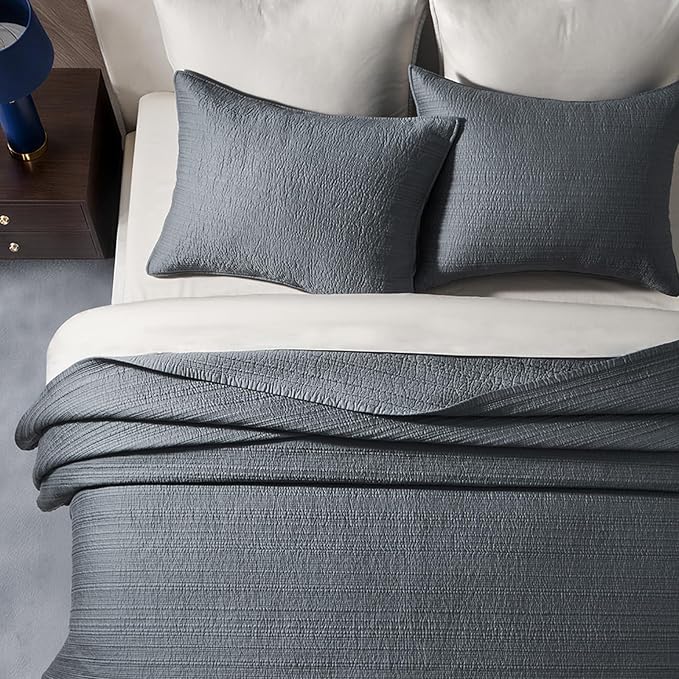 EVERGRACEHOME Cotton Sateen Channel Quilt Set, King Size, Midnight Blue | 100% Cotton, Pre-Washed Soft Coverlet Bedspread, 3-Piece Refined Channel Stitch Bedding Set for All Season, 2 Pillow Shams
