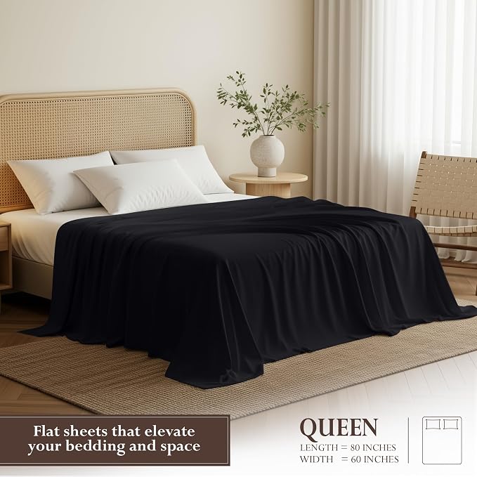 Queen Size Flat Sheet Only, Ultra Soft & Breathable Hotel Sheets, Black | Hotel Bedding, Cooling Comfort, Smooth Feel, Wrinkle & Fade Resistant, Easy Care, Long-Lasting, Machine Washable, OEKO-TEX