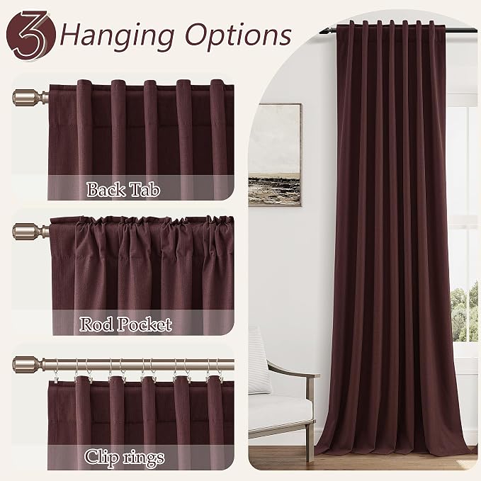 100% Blackout Curtains 84 Inch Length 2 Panels Set for Living Room Bedroom Back Tab Thermal Insulated Black Out Linen Drapes Room Darkening Reddish Brown,52x84