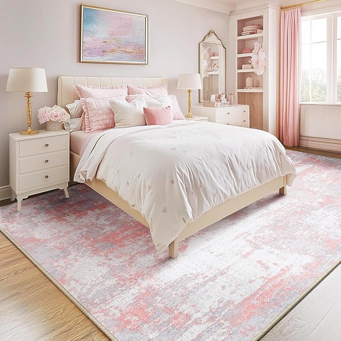RELEANY Washable 6'x9' Abstract Area Rug for Living Room Gray Pink | Carpet for Bedroom, Kitchen, Office, Hallway and Entryway, Printed Pattern, Non‑Slip, Soft, Stain‑Resistant, Easy to Clean
