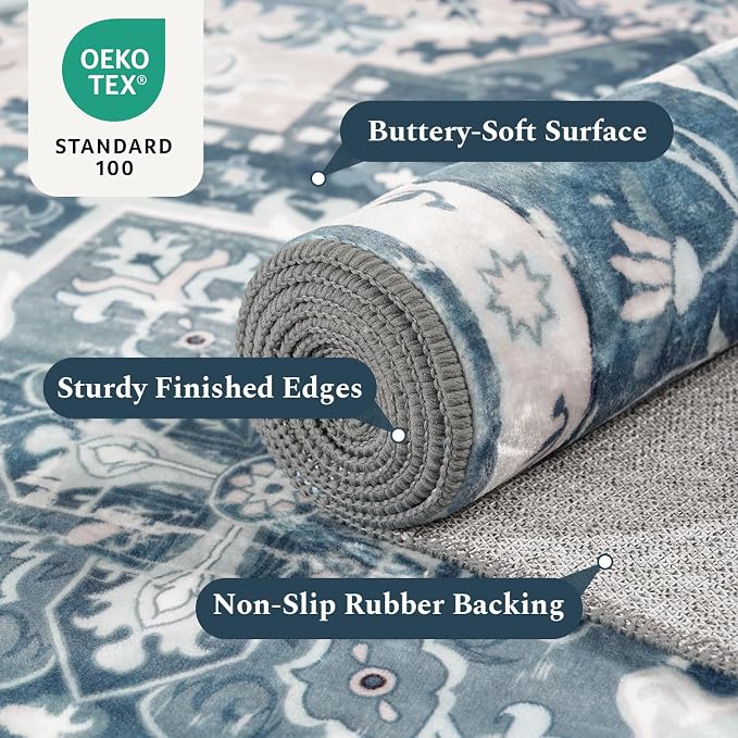 Rugflix 9x12 Area Rugs for Living Room, Washable Light Blue Large Rug | Machine Washable; Stain-Resistant; Low Pile; Non-Slip; Boho Vintage Printed; Carpet for Bedroom Dining Office Nursery Home