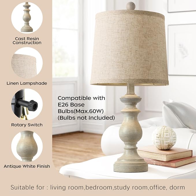 Traditional Table Lamp Set of 2, Rustic Farmhouse Table Lamps for Living Room Bedroom, 22" Bedside Desk Lamps Vintage Nightstand Lamps with Linen Shades, Antique White