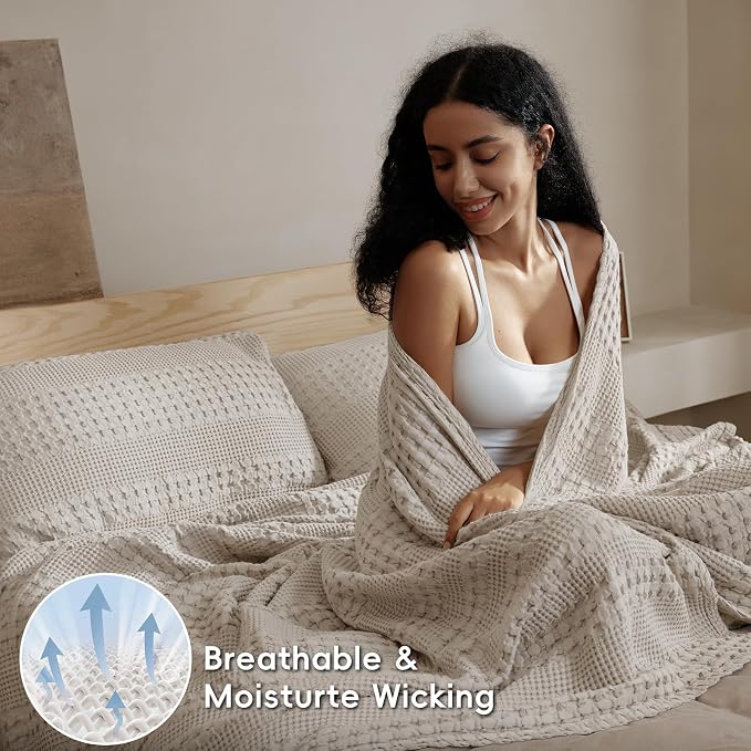 PHF Lightweight 100% Cotton Waffle Blanket for Bed, Queen, Pearl Gray | Pre-Washed Soft Cotton Comfort, Breathable Layering Warmth for Fall & Winter, Bed, Sofa, Couch, Home Decor & Gifts