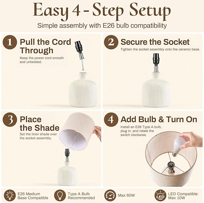 Ceramic Table Lamp, Off-White, 17.75" | Rustic Farmhouse, Beige Linen Shade, Warm Ambient Lighting, Bedside Nightstand
