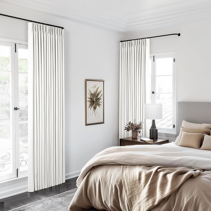 100% Blackout Pinch Pleated Linen 84 Inch Curtains 2 Panels Beige White | 2 Layer Design, Light Blocking Thermal Insulated, for Living Room Bedroom, Memory Shape, Off White Drapes with Pinch Pleat